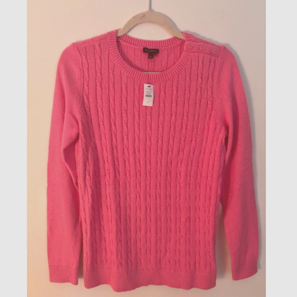 NWT Talbots Contrast Cable-knit Crew Neck Sweater; Bubblegum Pink; Size: S